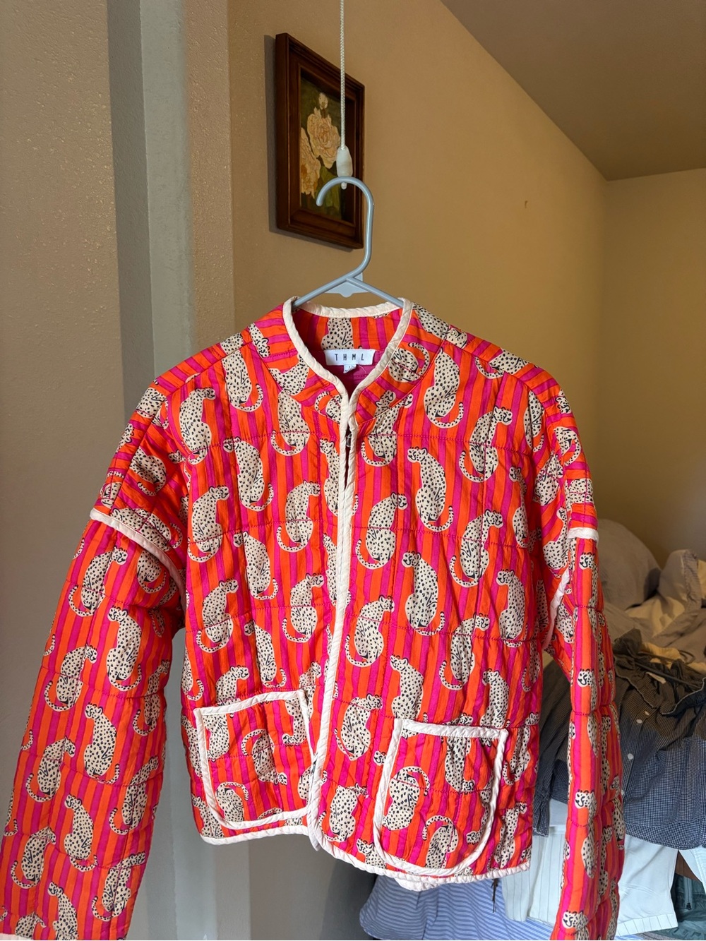 THML Pink and Orange Printed Quilted Bomber Jacket
